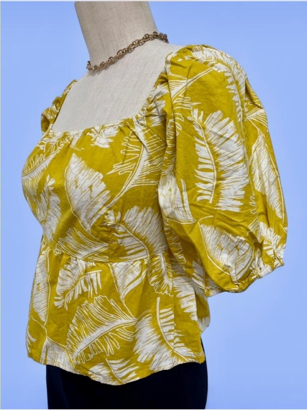 Off-Shoulder Yellow Leaf-Print Peplum Blouse